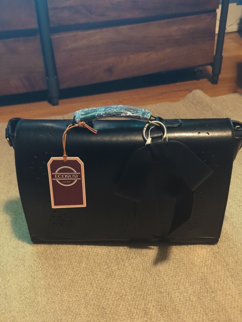 Ecosusi Briefcase Black Laptop Bag Shoulder Computer Messenger Vegan Leather Bow